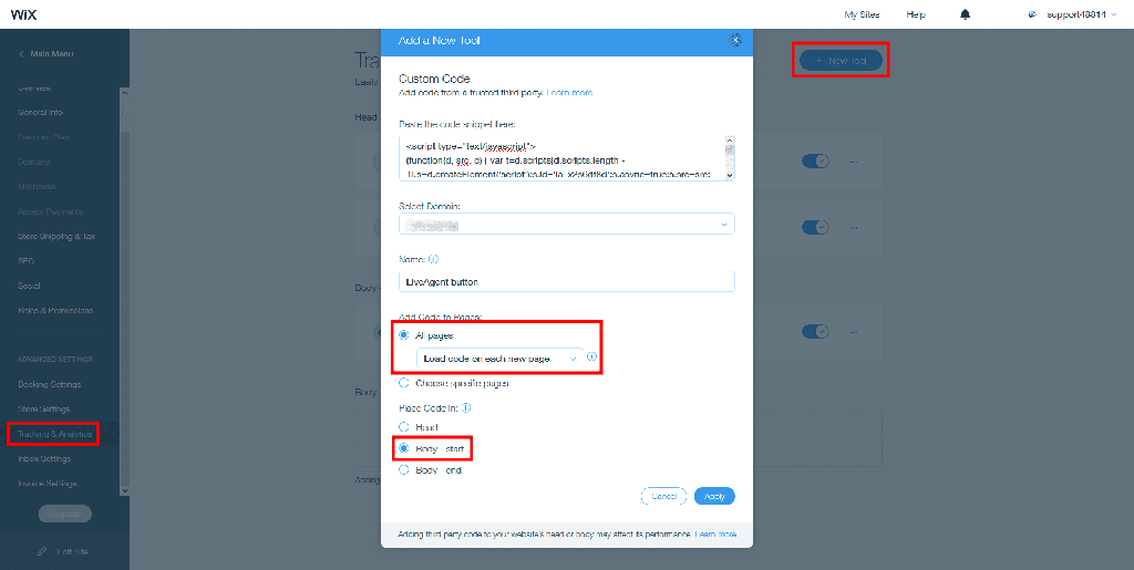 Plasarea codului de chat live LiveAgent în corpul site-ului Wix