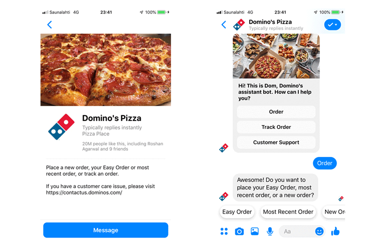 Image showing two screenshots of Domino's Pizza's Messenger live chat abilities to place an order.