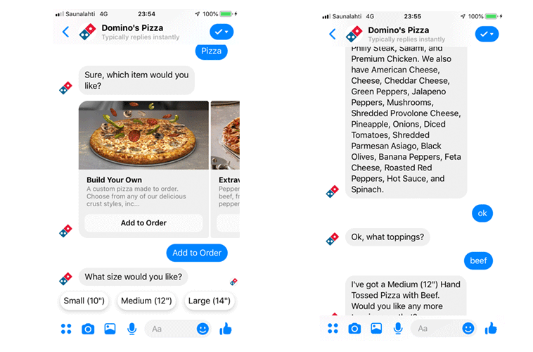 Continuation of screenshots for Domino's Pizza's live chat capabilities for placing an order through Messenger.