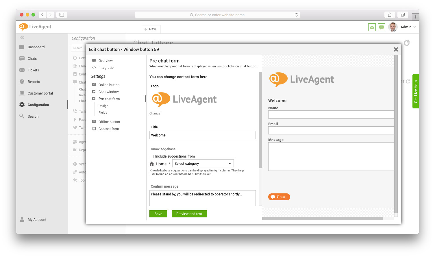 Image showing LiveAgent's "Edit chat button - Window button 59" pre chat form window with fields to be filled in and the preview on the right side