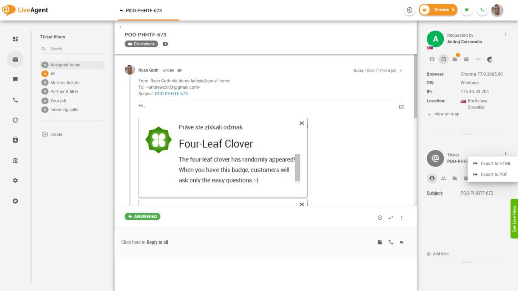 Convenient export of each ticket into HTML or PDF