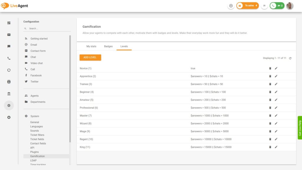 Gamification niveauer - LiveAgent