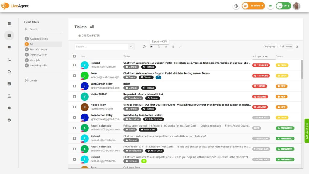 LiveAgent Tickets Overview inside the application