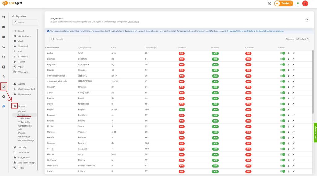 Available languages in LiveAgent