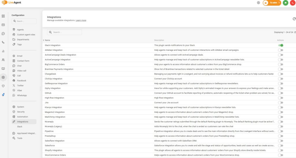 Ative integrações no LiveAgent