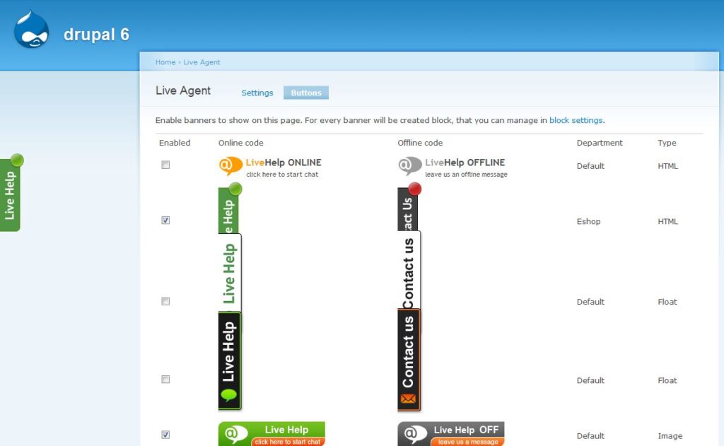 Predloge gumbov za klepet v živo LiveAgent, prikazane v storitvi Drupal