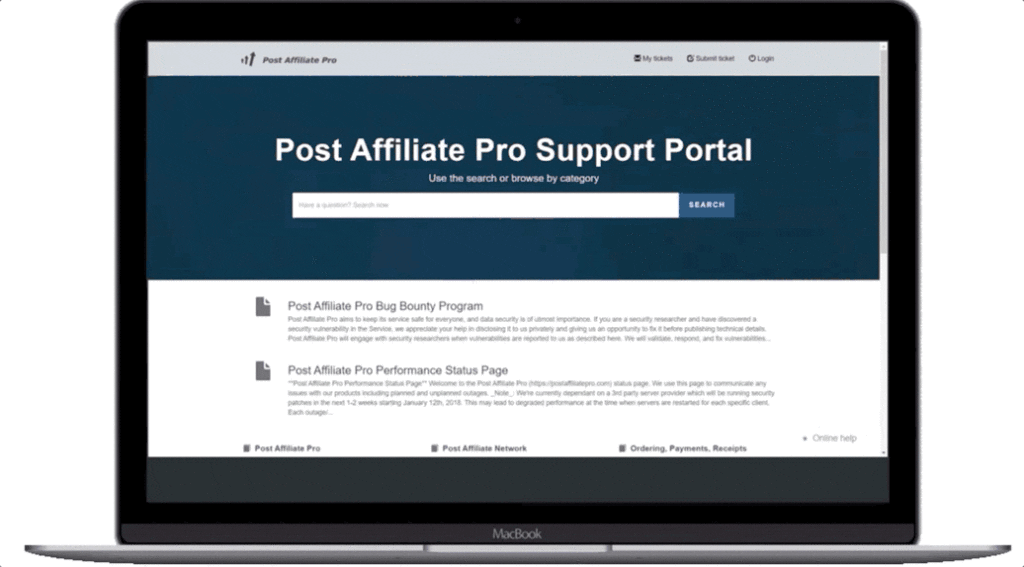 Post Affiliate Pro knowledge base on laptop screen