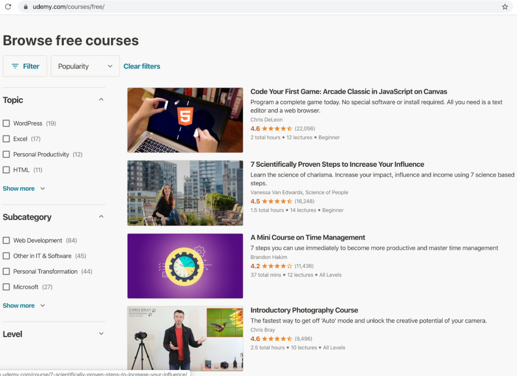 Udemy browse free courses