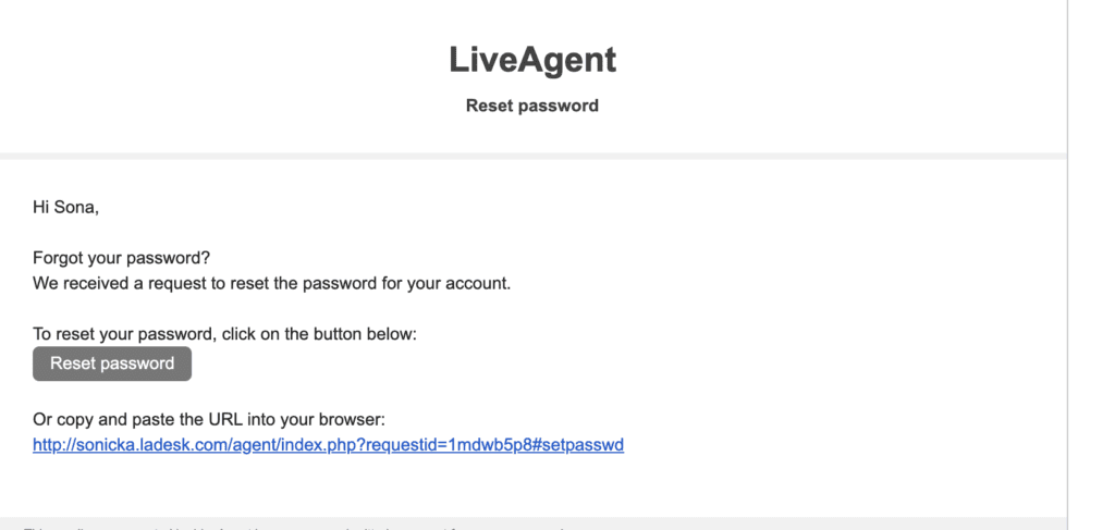 Réinitialisation du mot de passe LiveAgent par e-mail 