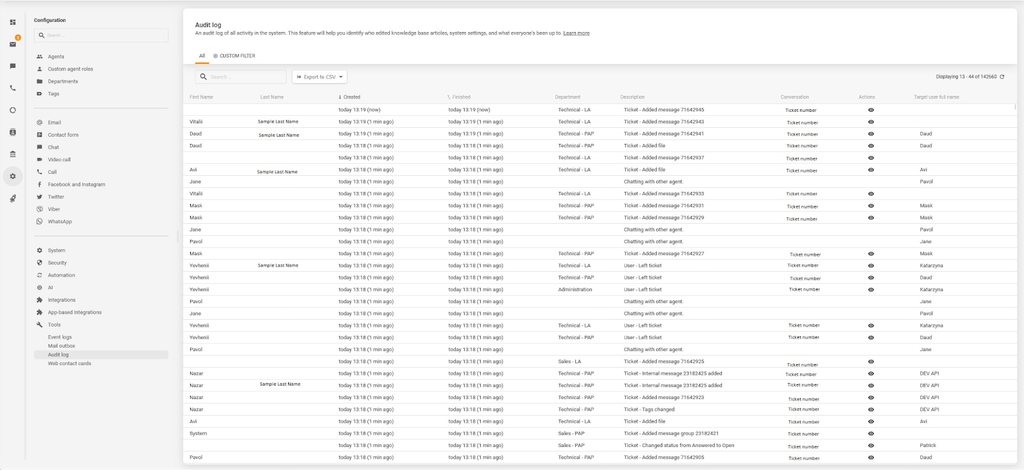 LiveAgent’s audit log feature, displaying agents’ and tickets’ details with timestamps