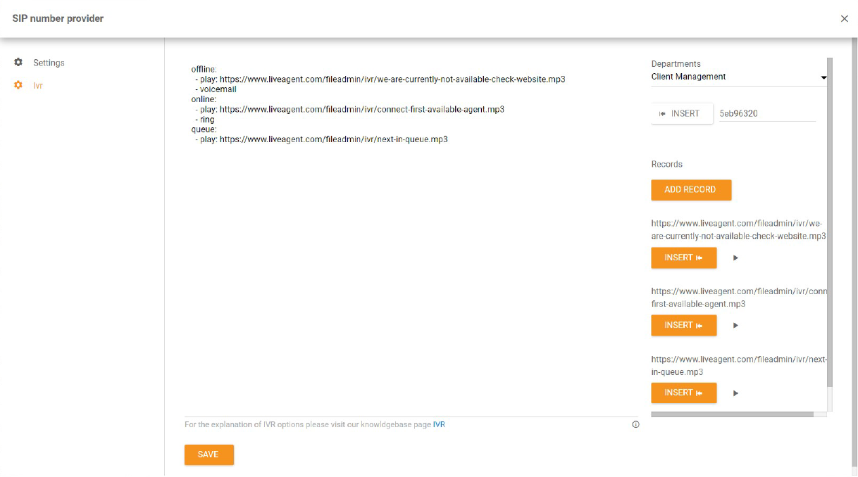 Interactive Voice Response settings in LiveAgent