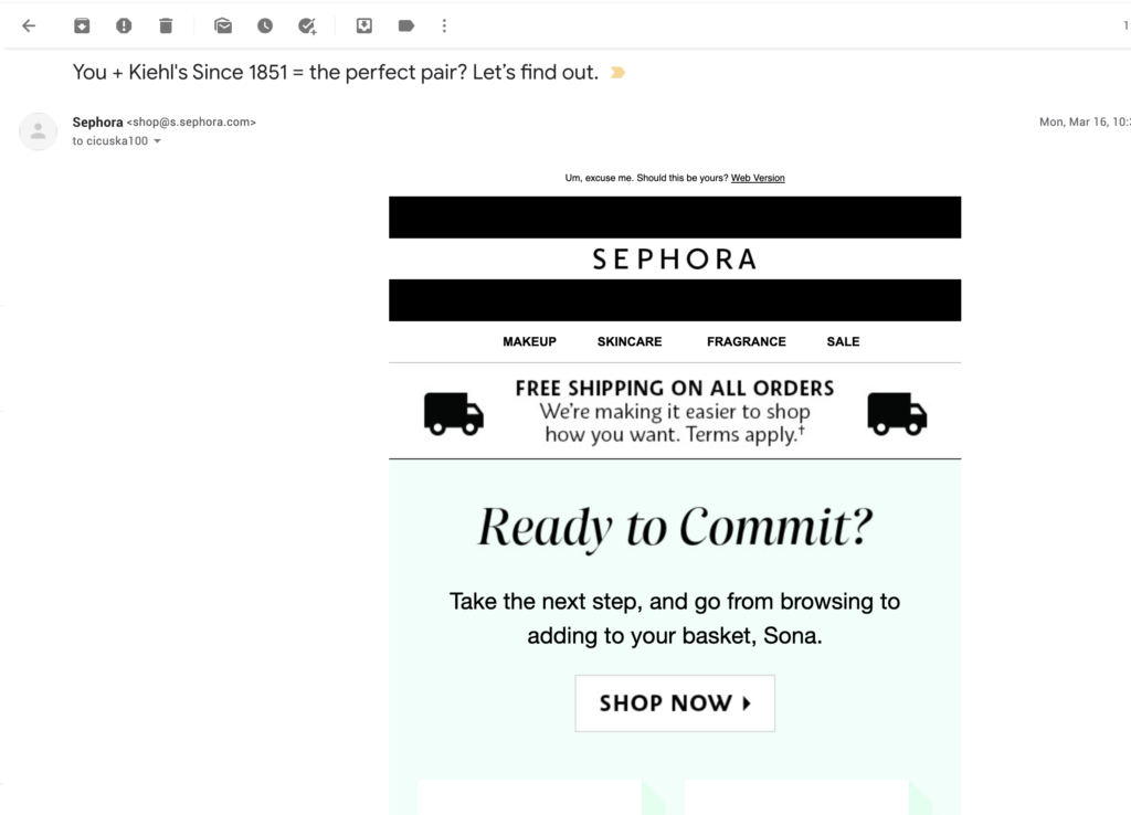 Elhagyatott kosár példa - Sephora 