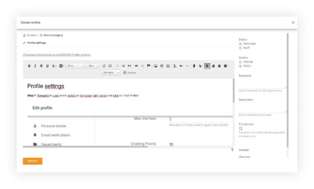 LiveAgent's WYSIWYG editor for articles