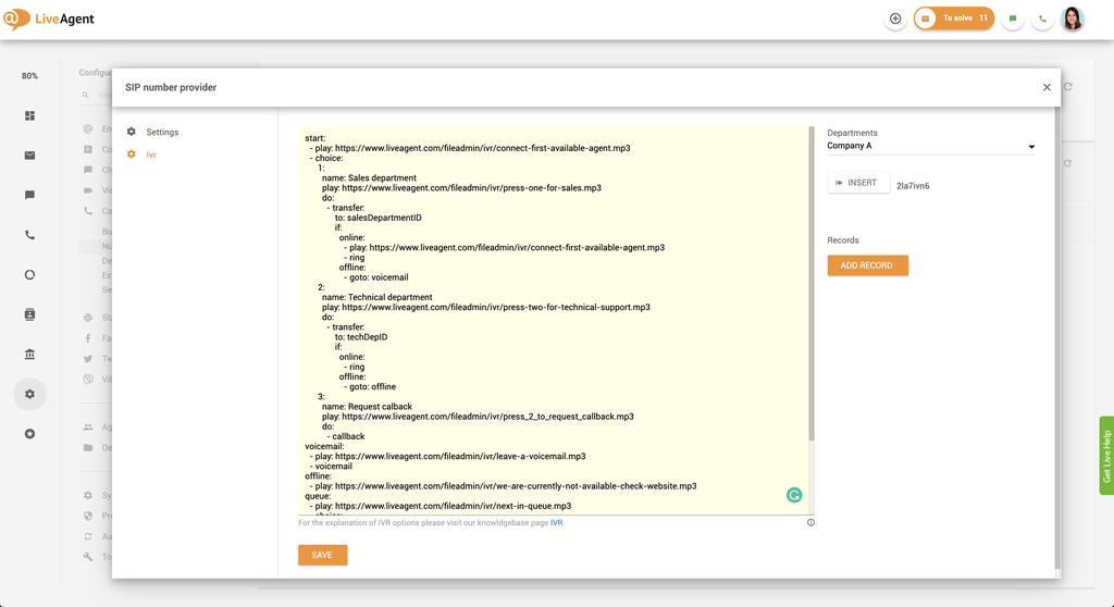 configuration du rappel téléphonique script IVR
