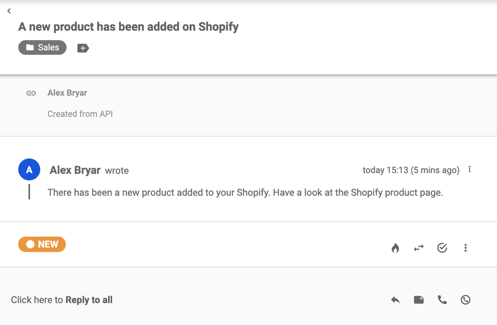 Um novo ticket enviado do Shopify após a criação de um produto