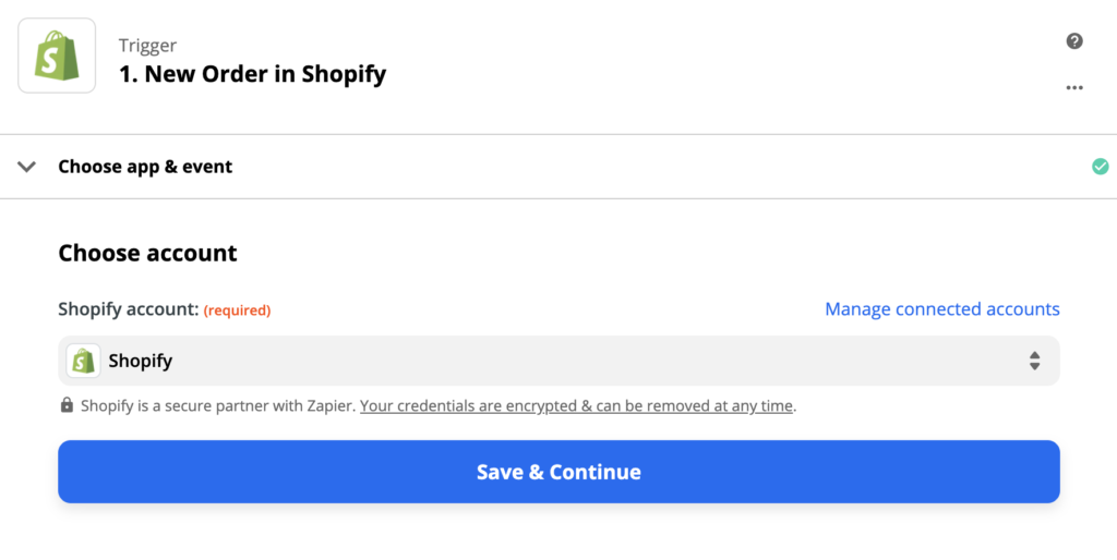 Shopify kiváltó konfigurációja a Zapieren
