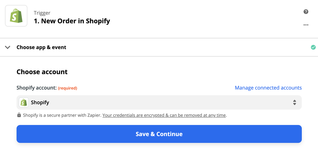 Configuração do gatilho Shopify no Zapier