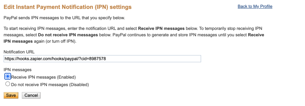 Paypal sekcija za postavke obavijesti o trenutnom plaćanju