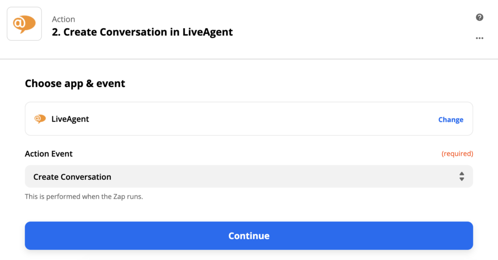 Configuração de ação do LiveAgent no Zapier