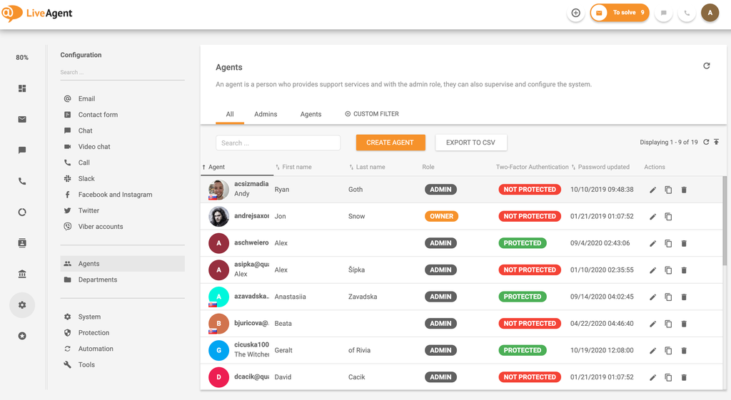 LiveAgent - Customer service agents (example)