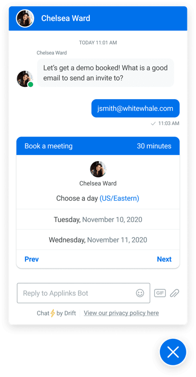 Drift live chat window and live chat button