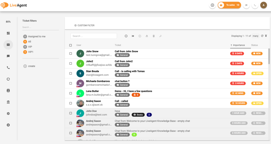 LiveAgent's Universal inbox overview