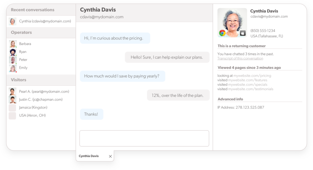 Agent view of ongoing live chat Olark live chat software