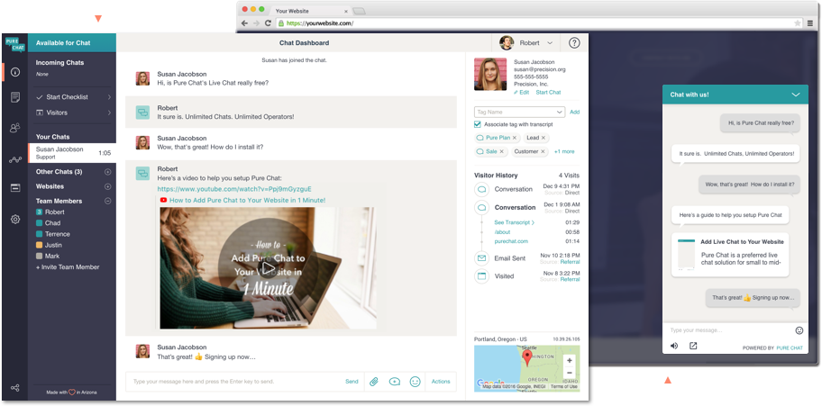 Pure Chat agent view of ongoing live chat