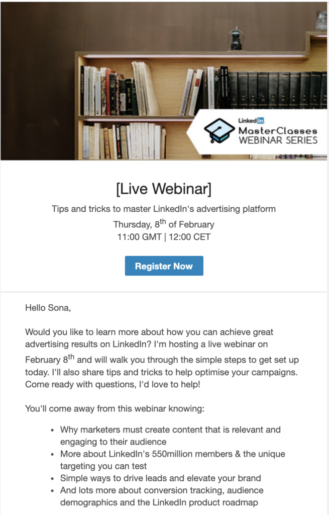 „LinkedIn“ internetinio seminaro slaptos peržiūros el. laiško šablonas