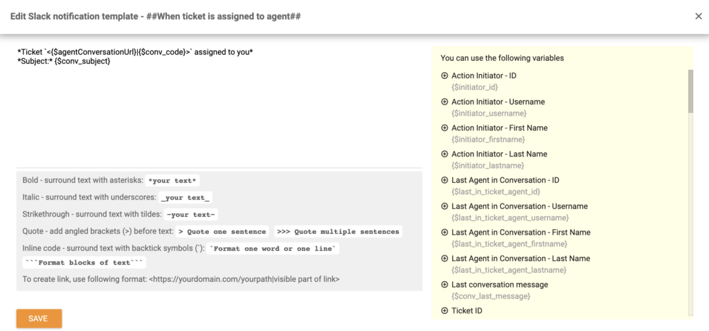 Specialus "Slack" pramešimų redagavimo langas LiveAgent