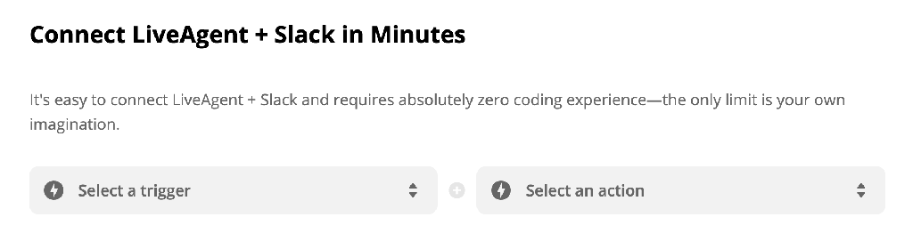 LiveAgent + "Slack" aktyvatoriaus ir veiksmo pasirinkimas "Zapier"