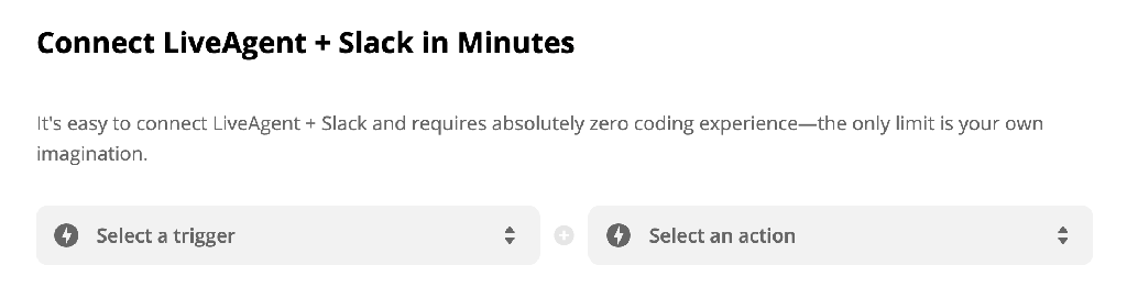 LiveAgent + Slack trigger e seleziona azione su Zapier