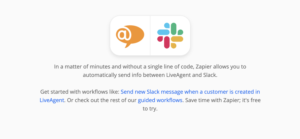 "Zapier" puslapis LiveAgent ir "Slack" integracijose