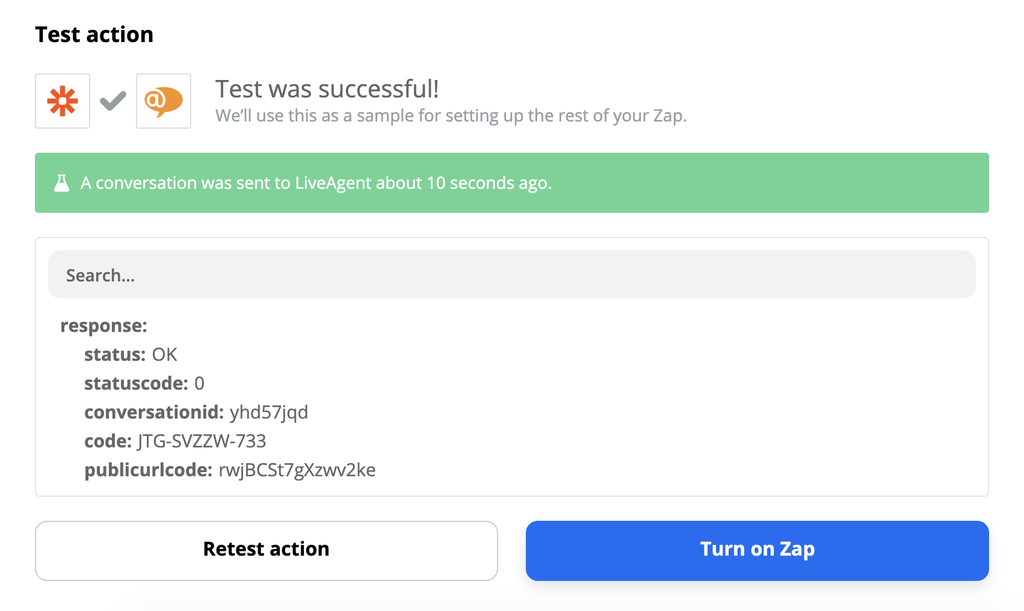 Test di successo di un'integrazione LiveAgent e Slack su Zapier