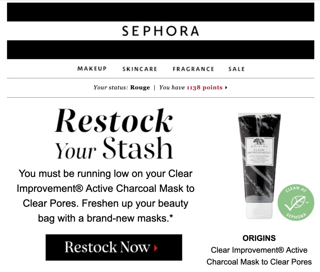 Șablon de e-mail de reaprovizionare Sephora