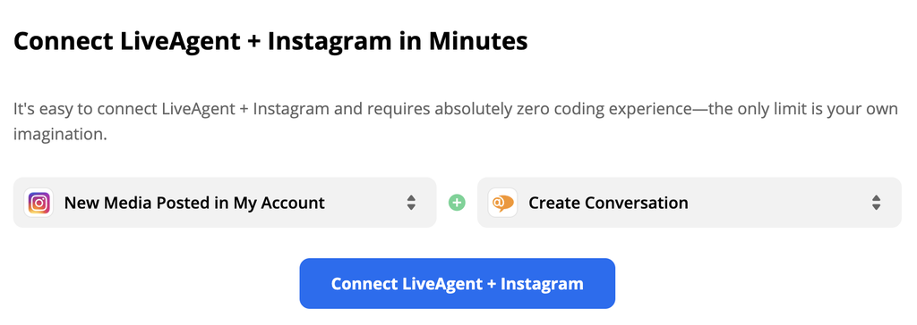 Déclencheur Instagram et action sélectionnés dans LiveAgent