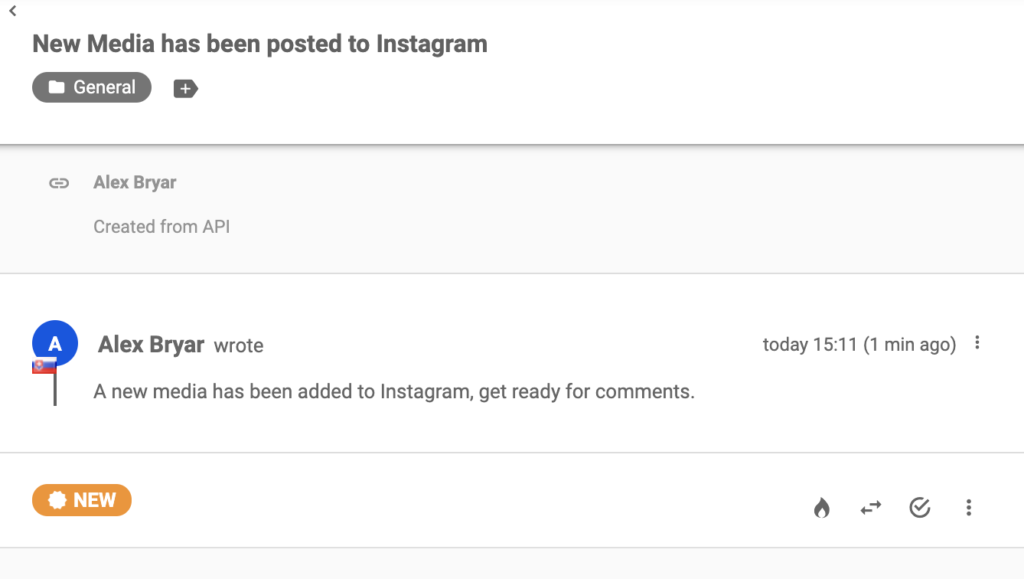 Message d'Instagram concernant un nouveau post dans le système de tickets LiveAgent