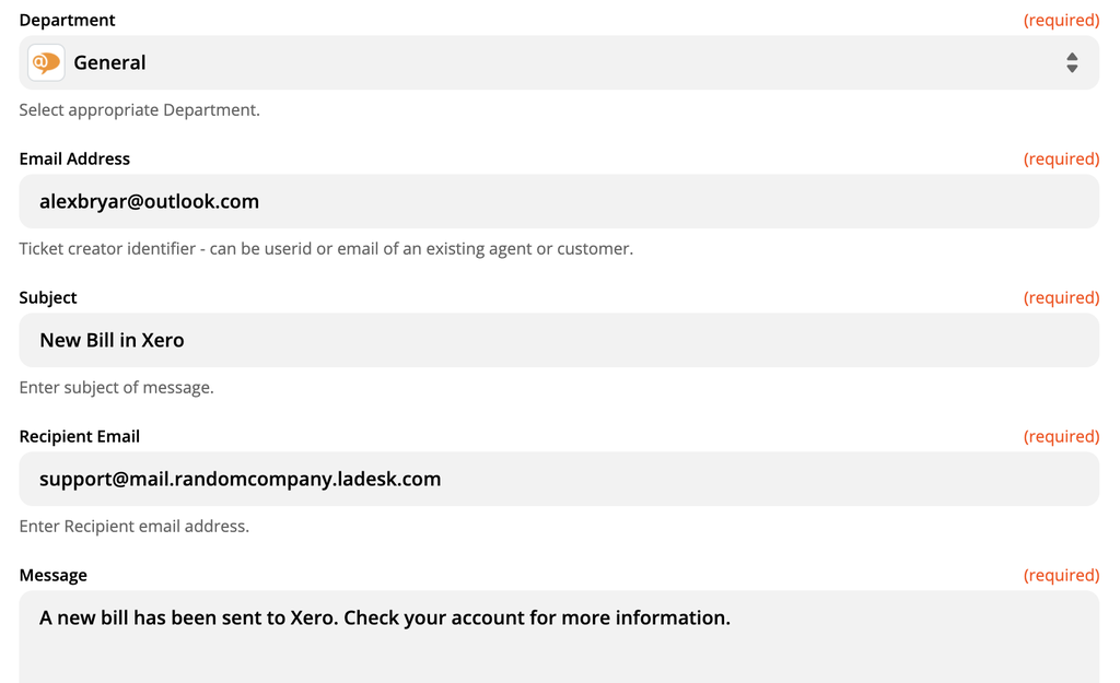 Options de configuration des actions de LiveAgent sur Zapier