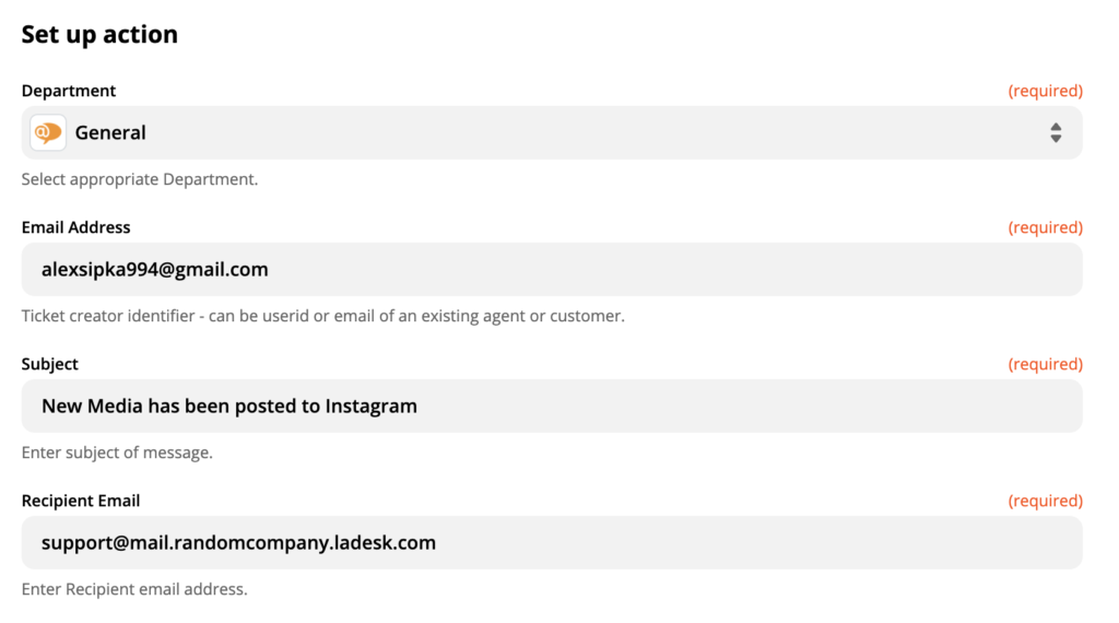 Mise en place d'une action LiveAgent dans l'intégration Instagram sur Zapier