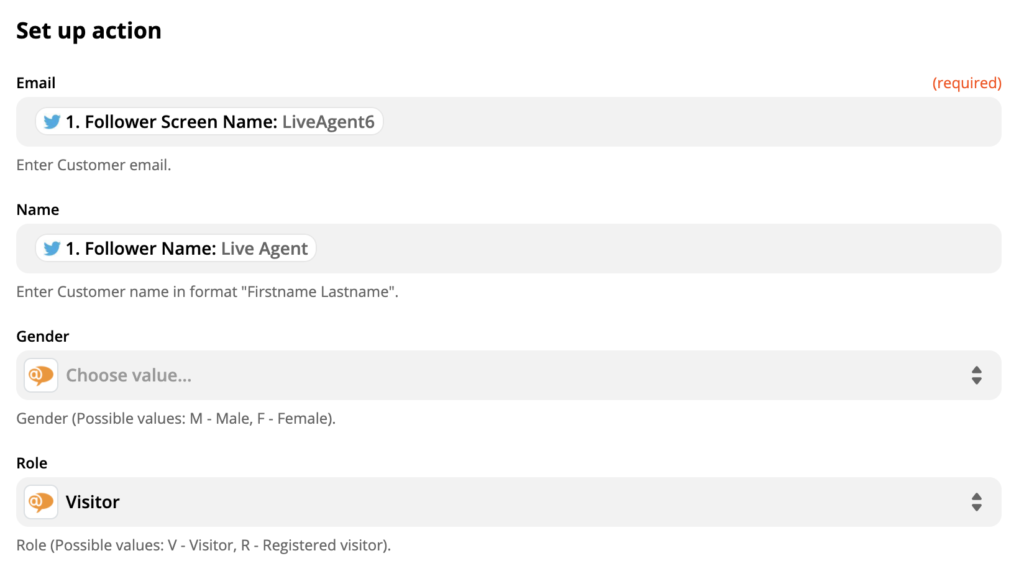 إعداد إجراء LiveAgent في تكامل تويتر على Zapier