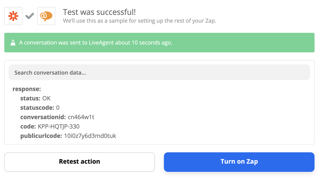 Un test réussi d'une intégration de Xero et LiveAgent sur Zapier