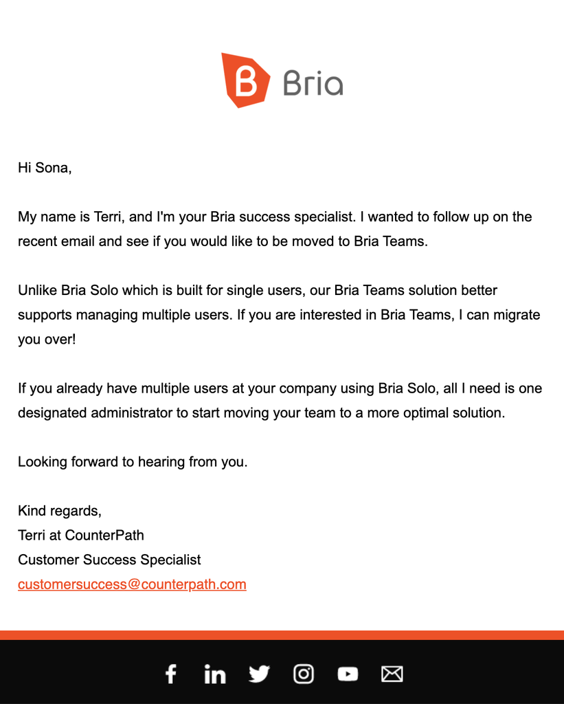 navazující e-mail zákaznického servisu Bria
