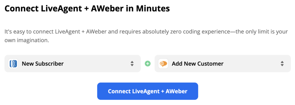 AWeber spouštěč New Subscriber (nový odběratel) a LiveAgent akce Add New Customer (přidat nového zákazníka) vybrány na Zapieru