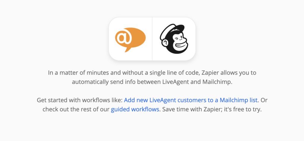 Página de integrações LiveAgent e Mailchimp no Zapier