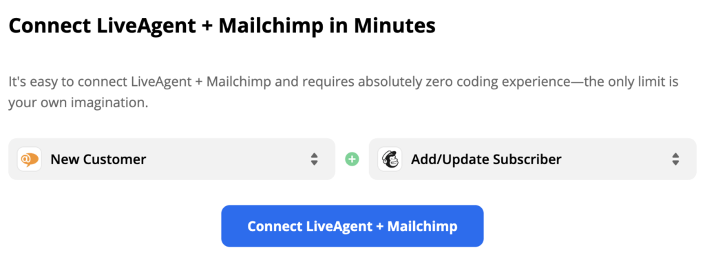 Ativador do LiveAgent selecionado e ação do Mailchimp