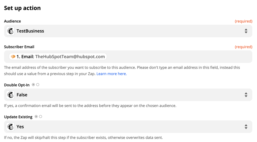 Impostazione dell'azione Mailchimp