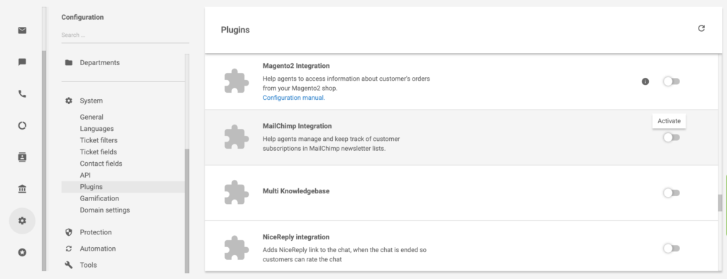 Plugin di Mailchimp nella lista dei plugin di LiveAgent