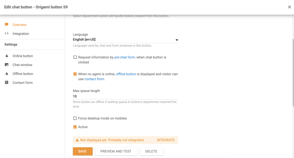 Редактирование кнопки и настройки в процессе создания кнопки в LiveAgent