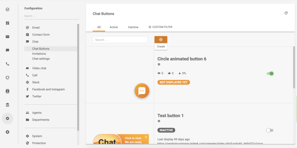 Опция создания кнопки чата в настройках LiveAgent