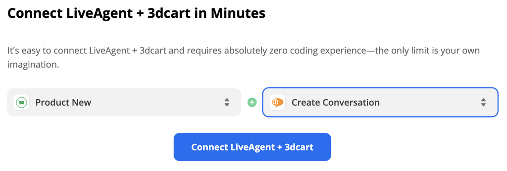 Триггер Shift4Shop и действие LiveAgent выбраны в настройках интеграции на Zapier
